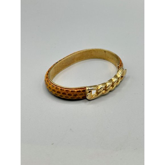 Vtg 80s 90s Snakeskin Bracelet Hinged Bangle Light Brown with Gold Plated Chain - Picture 2 of 8